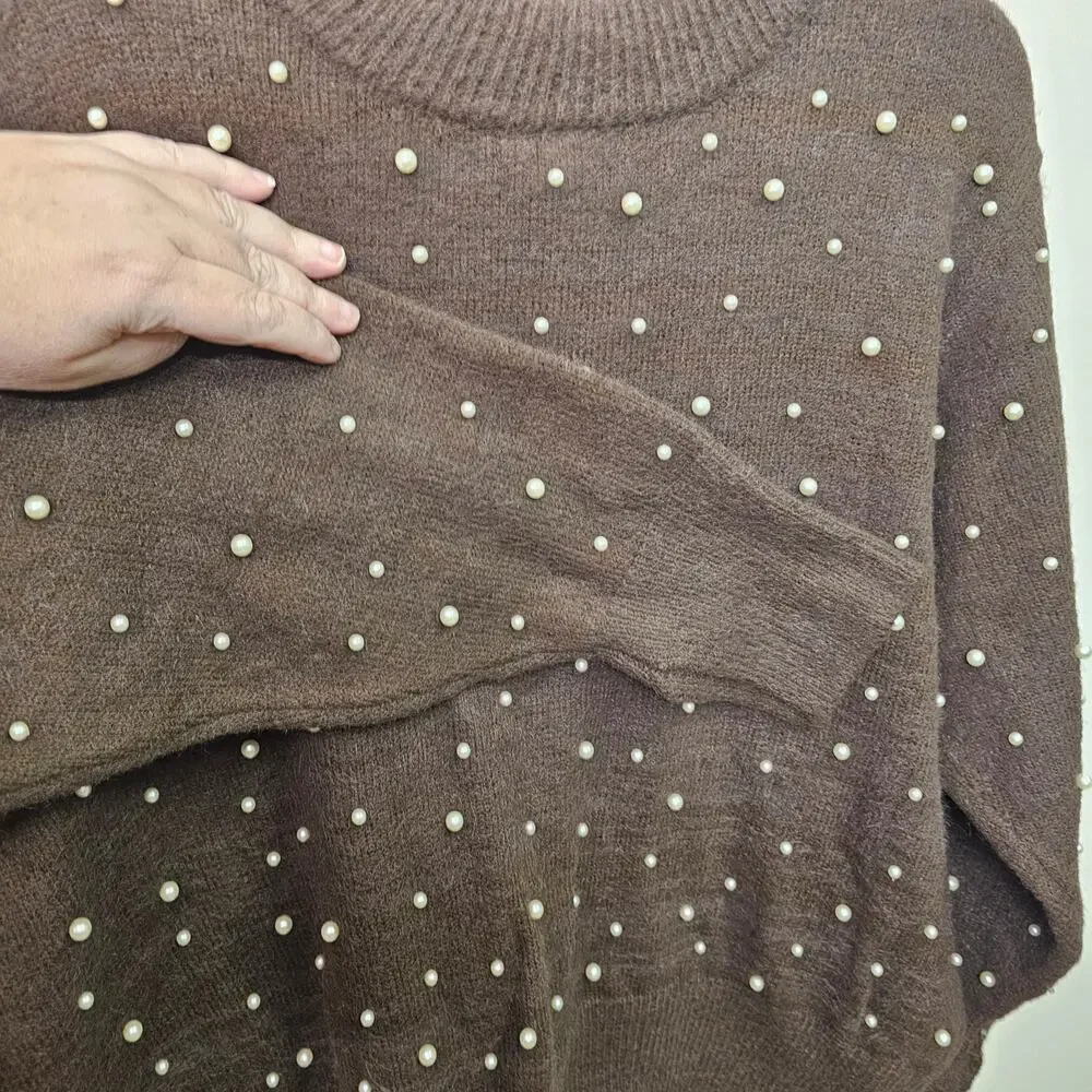 Warm Brown Sweater with Pearls Size S | City Chic - Picture 7 of 9